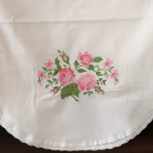 Pink Rose Cross-Stitch Chair Back Cover – Cream Fabric with Scalloped Lace Trim