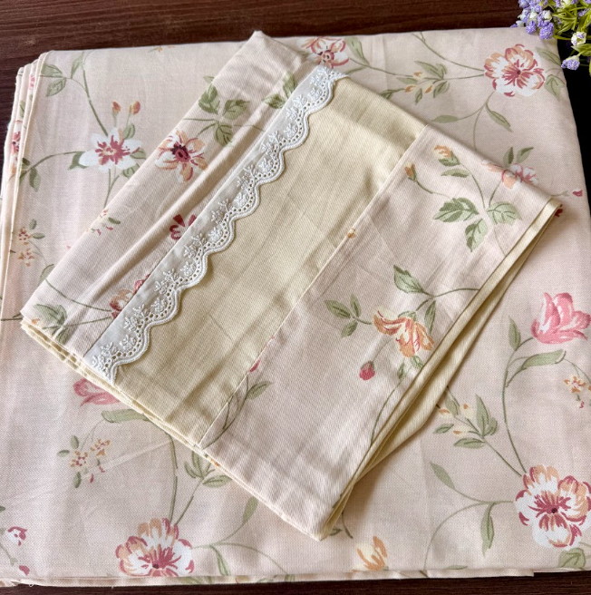 Premium Floral Cotton Bedsheet with Lace-Detail Pillow Covers