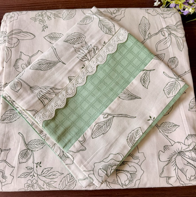 Premium Floral Cotton Bedsheet with Lace-Detail Pillow Covers