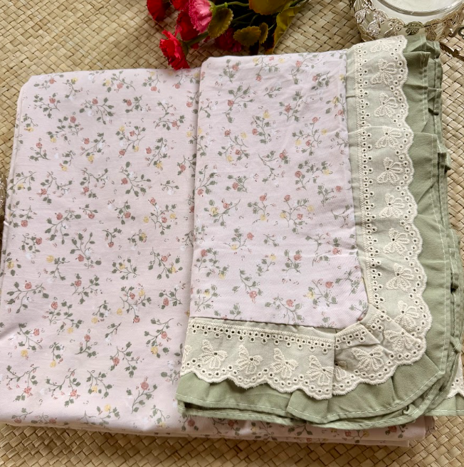 Floral Bedsheet with Dual Frill Lace Pillow Covers