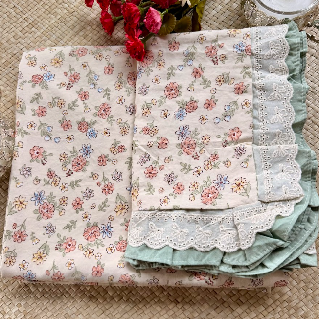 Floral Bedsheet with Dual Frill Lace Pillow Covers