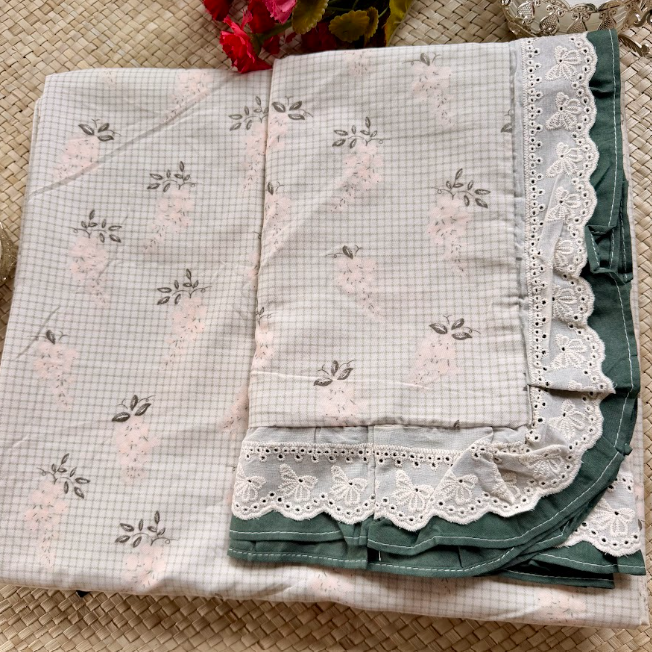 Floral Bedsheet with Dual Frill Lace Pillow Covers