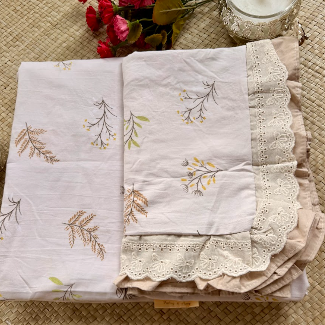 Floral Bedsheet with Dual Frill Lace Pillow Covers