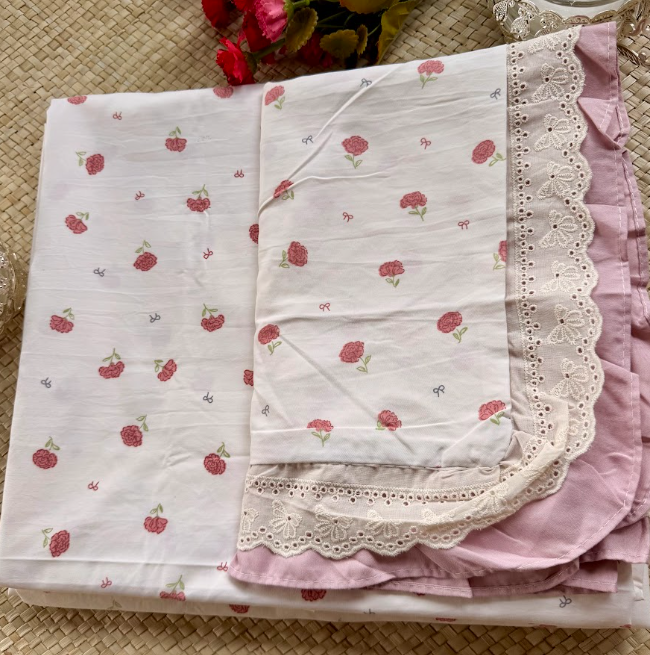 Floral Bedsheet with Dual Frill Lace Pillow Covers